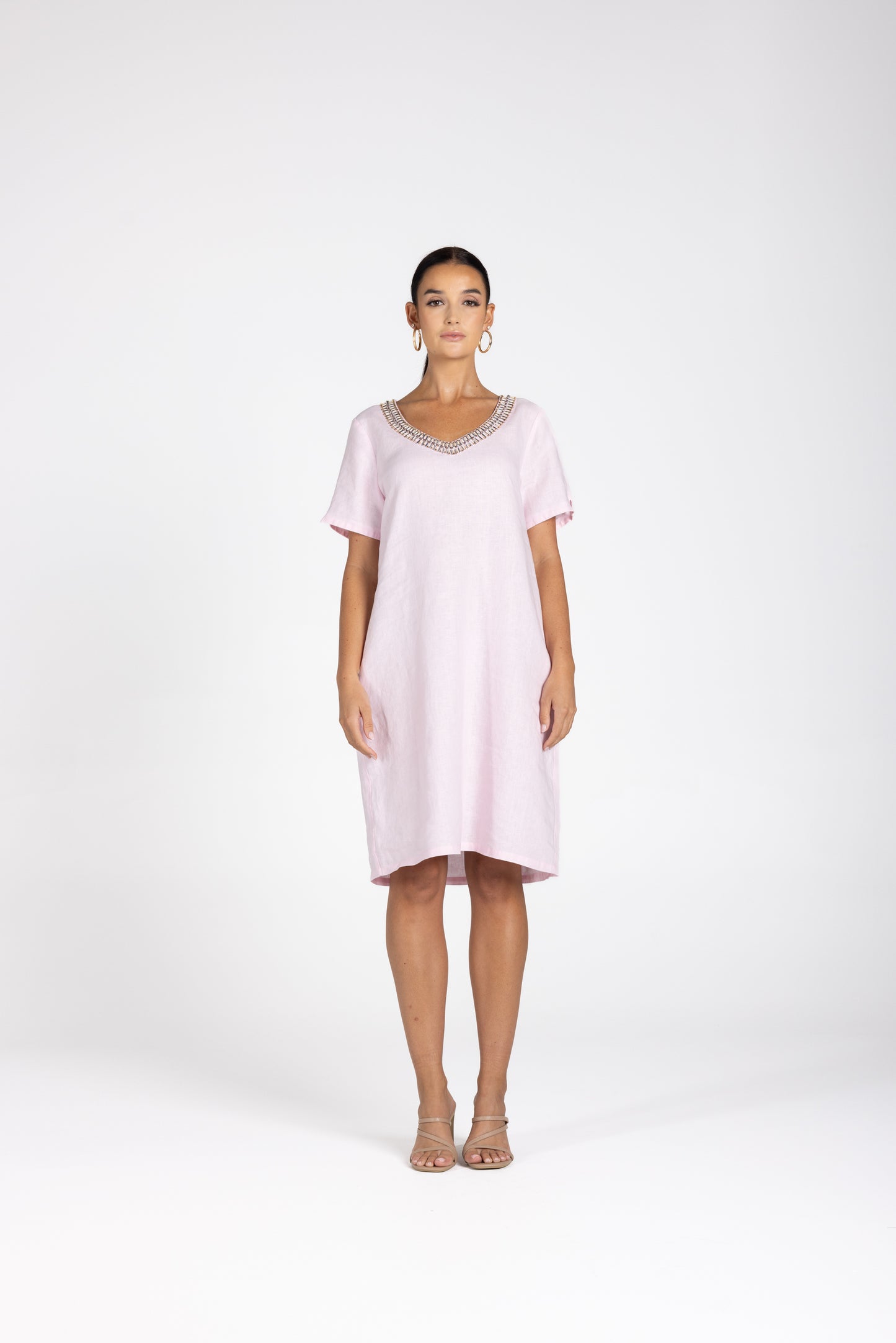 3212 - Linen V-Neck Beaded Dress