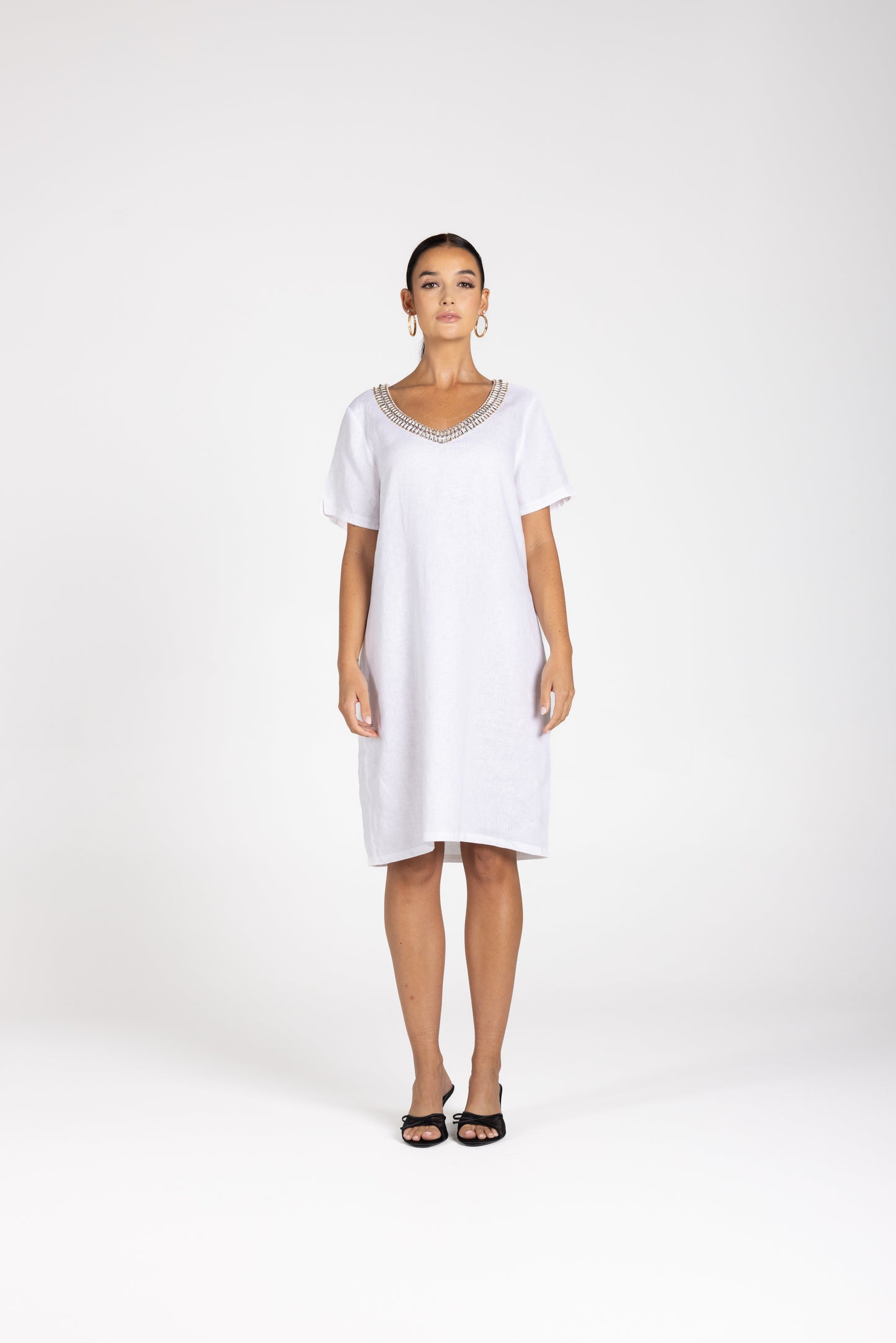 3212 - Linen V-Neck Beaded Dress