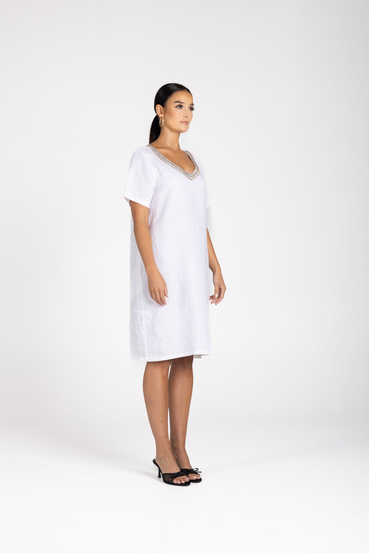 3212 - Linen V-Neck Beaded Dress