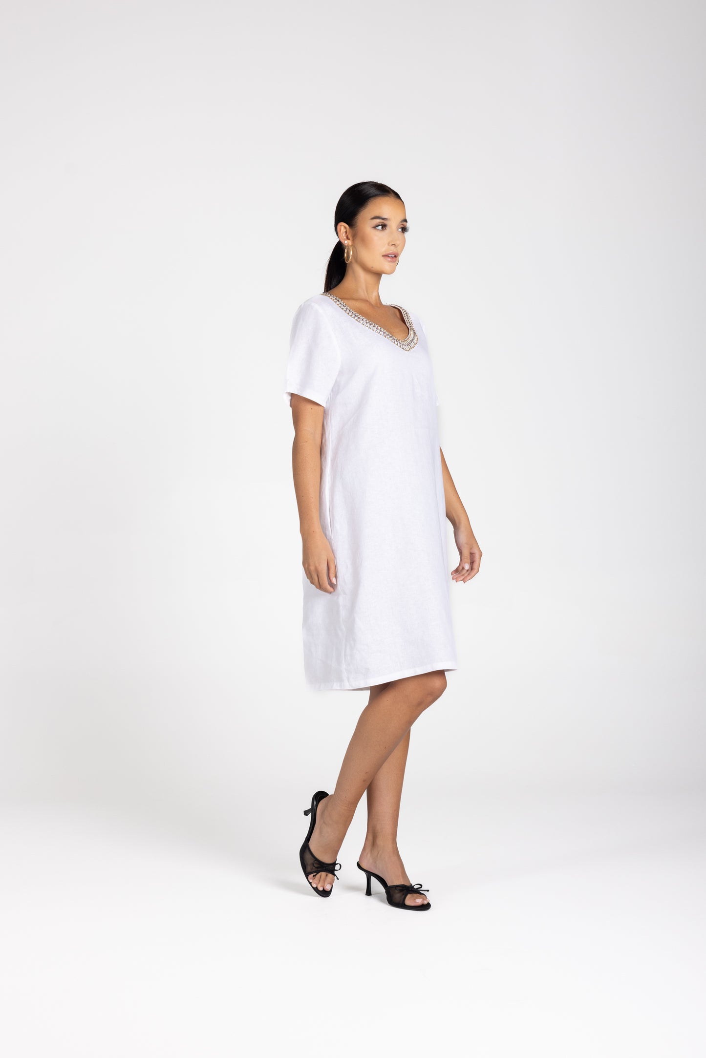 3212 - Linen V-Neck Beaded Dress