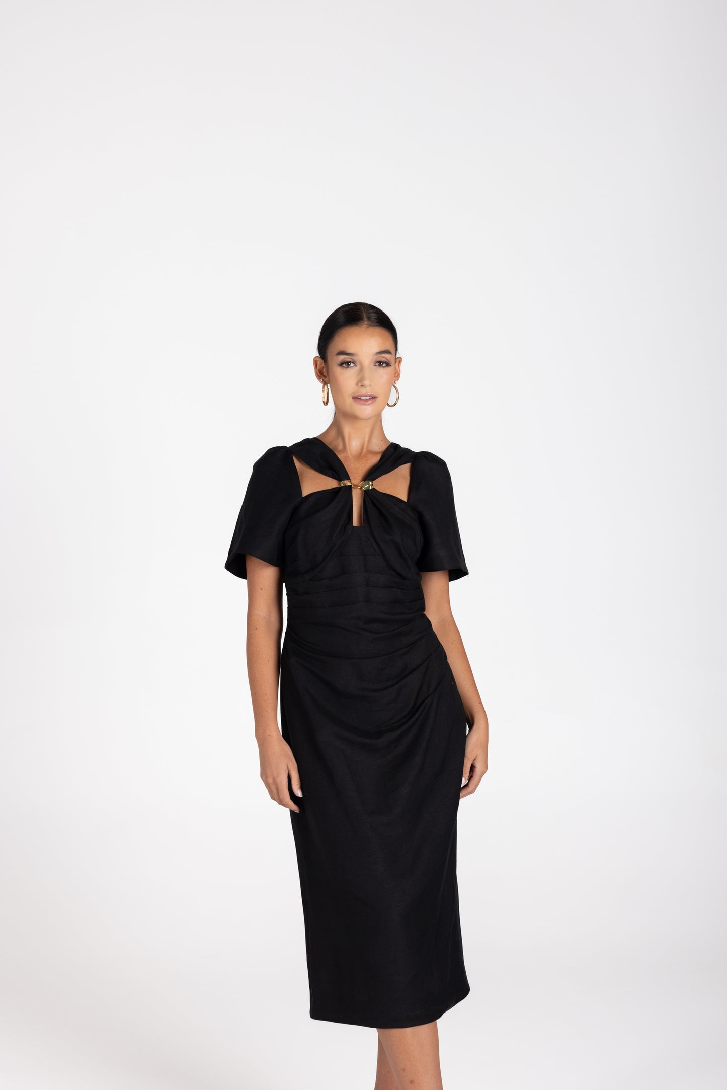 3228 - Draped Midi Dress W/Gold Clip