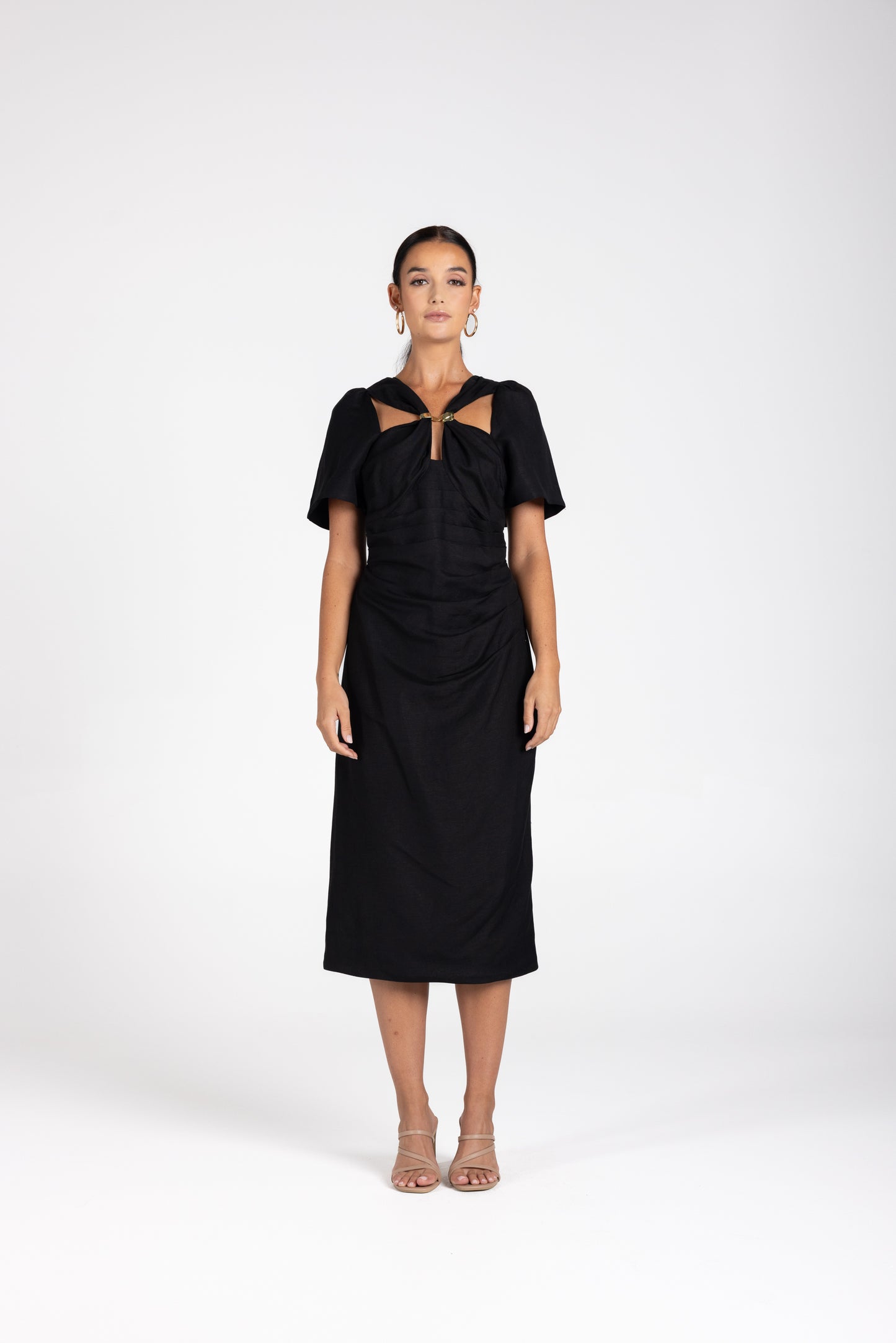 3228 - Draped Midi Dress W/Gold Clip