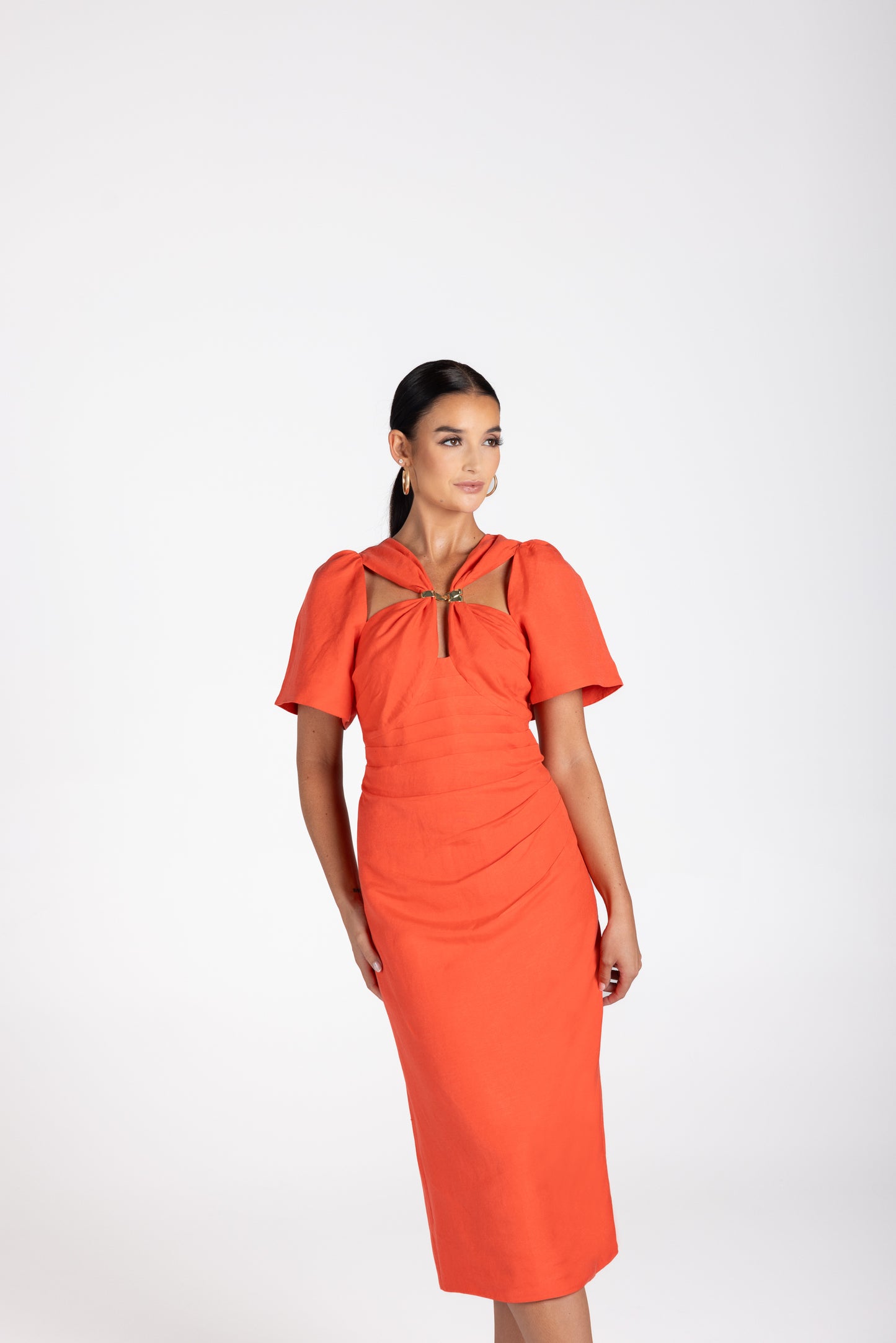 3228 - Draped Midi Dress W/Gold Clip