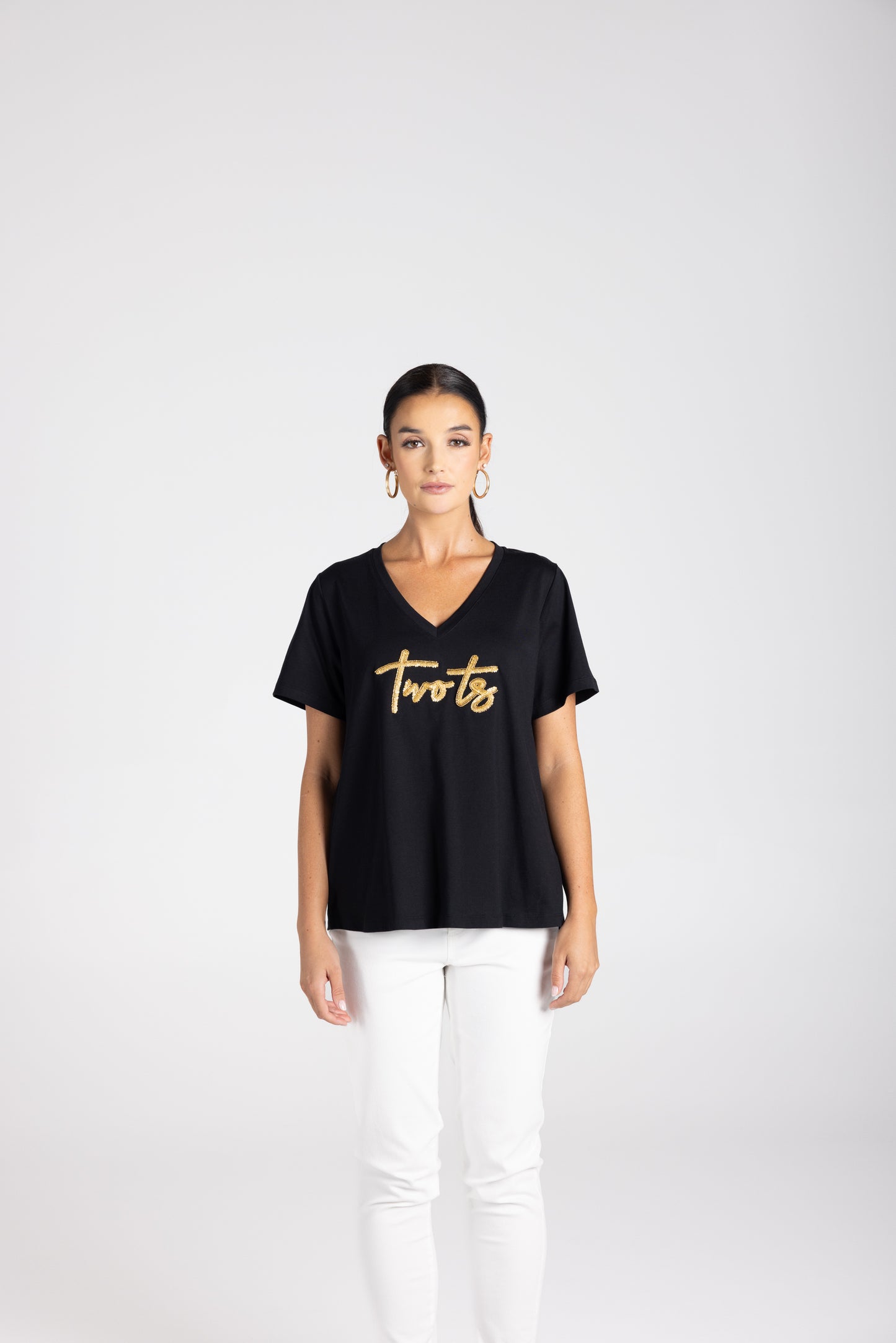 3229 - V-Neck Beaded Logo T-Shirt