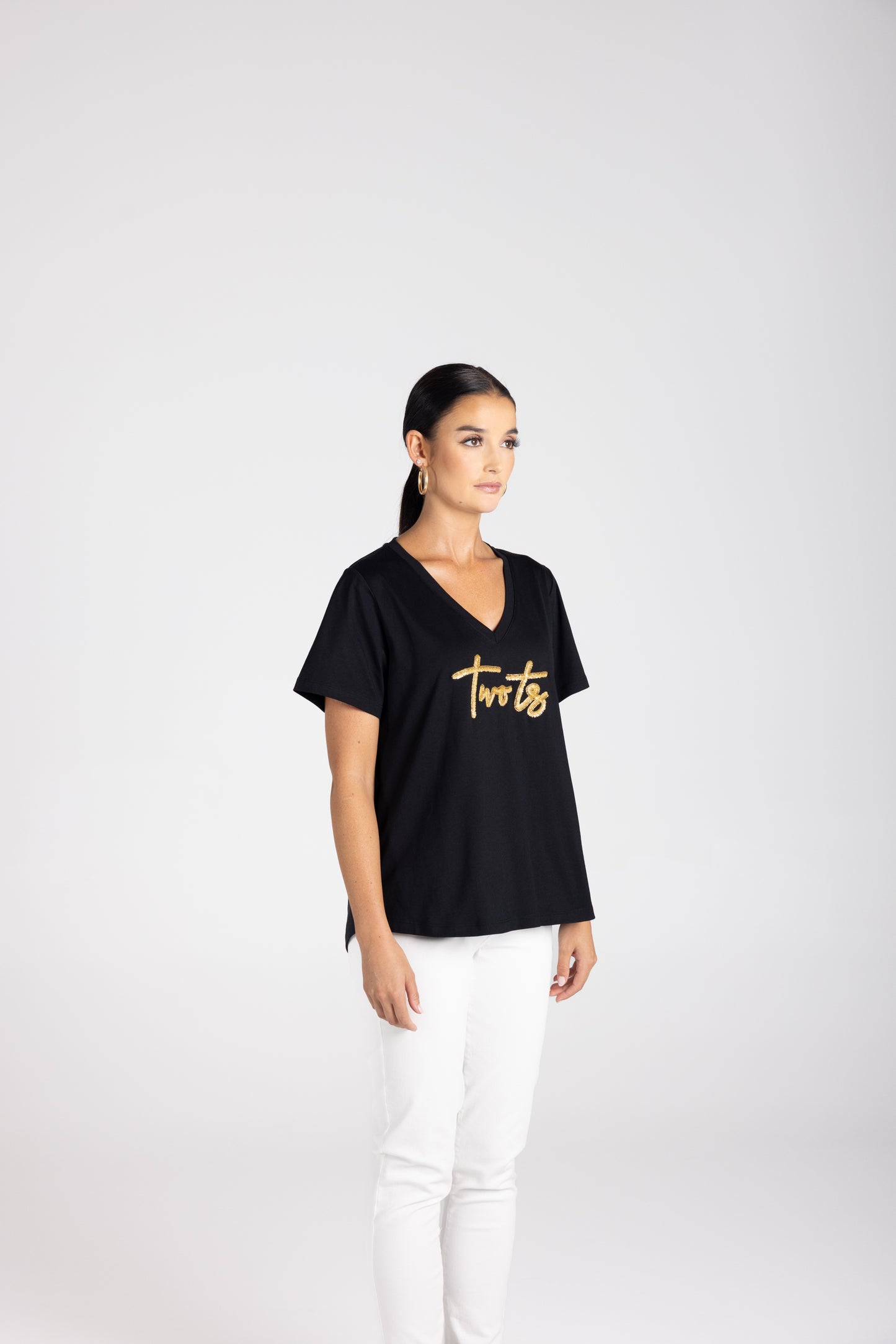 3229 - V-Neck Beaded Logo T-Shirt