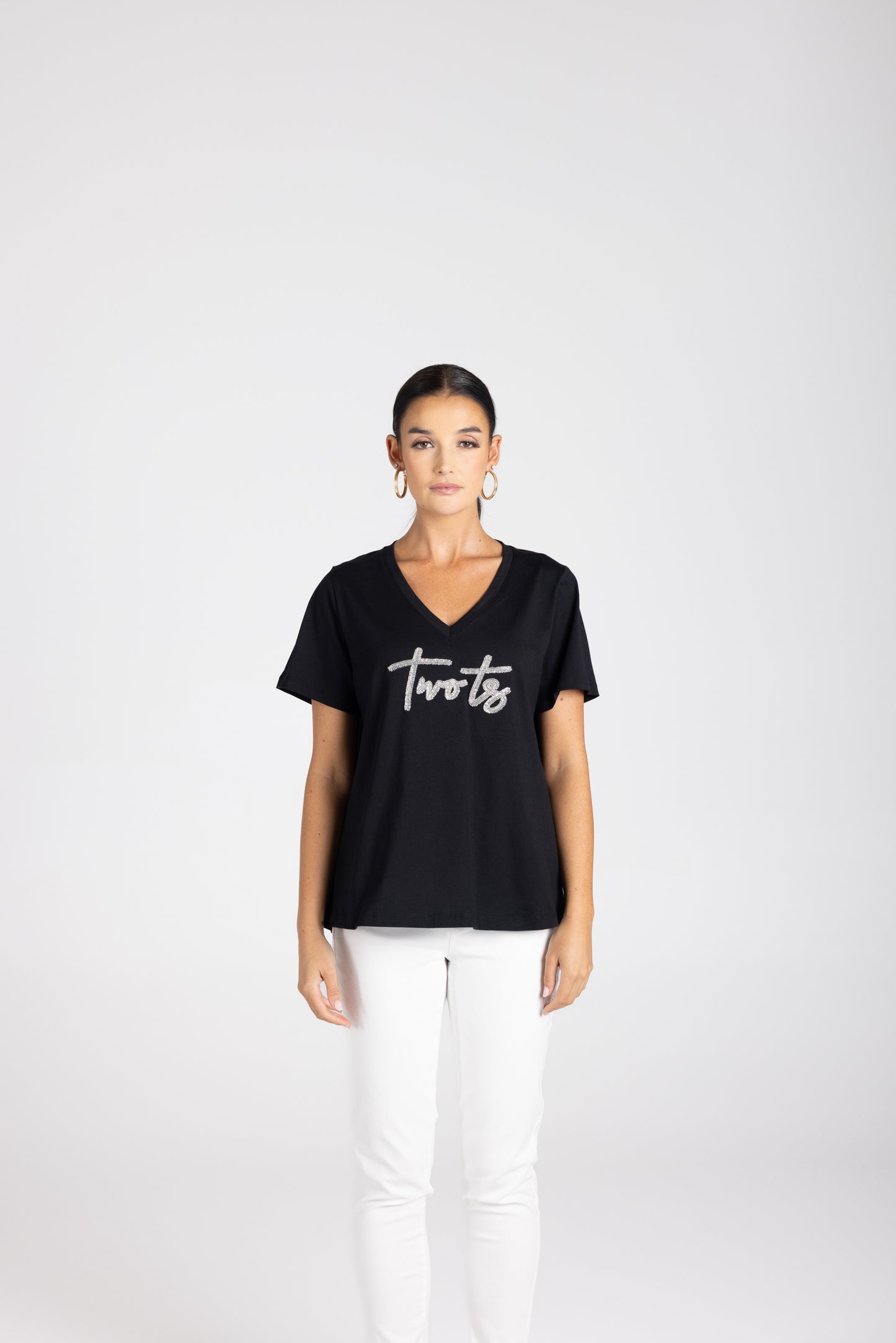 3229 - V-Neck Beaded Logo T-Shirt