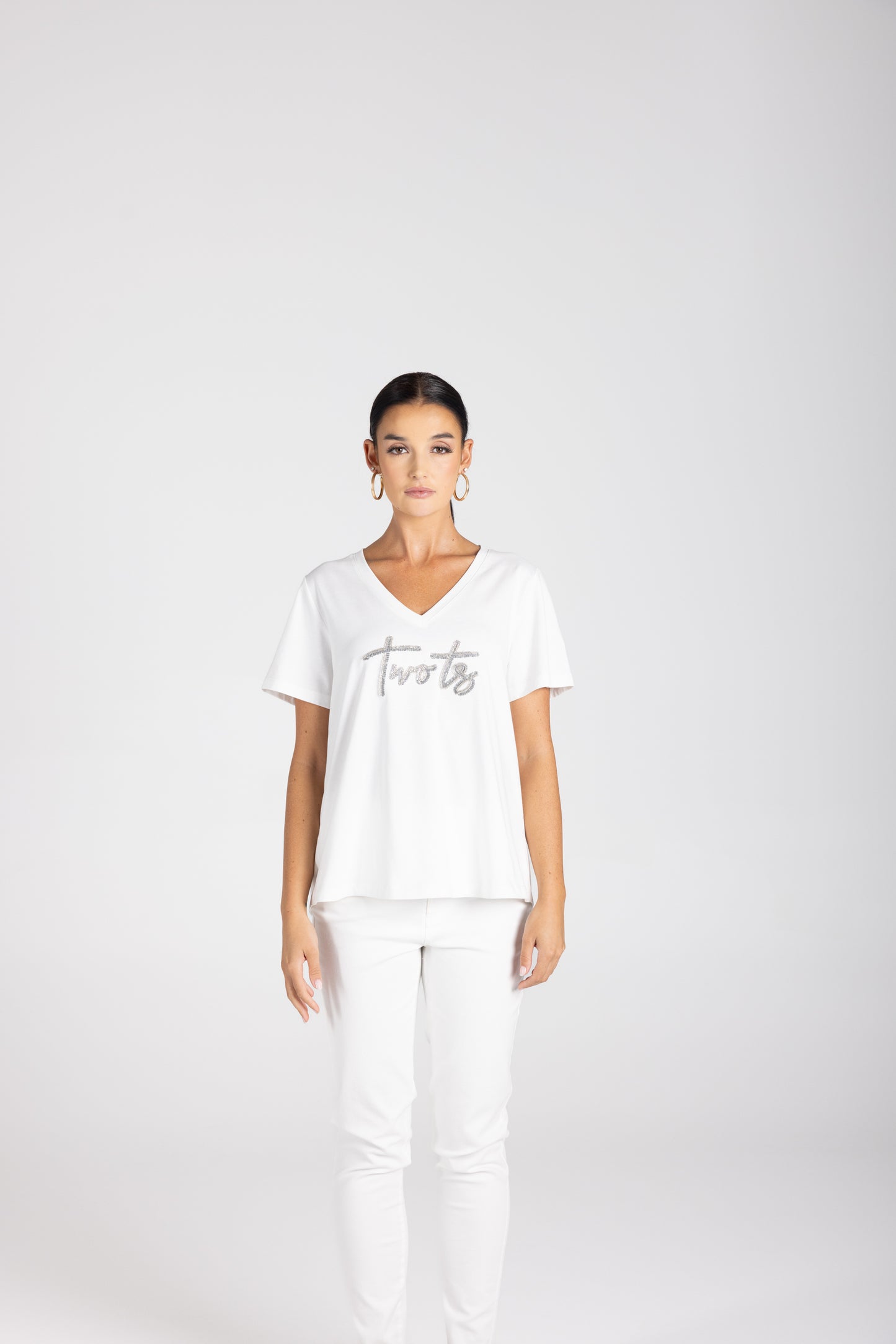 3229 - V-Neck Beaded Logo T-Shirt