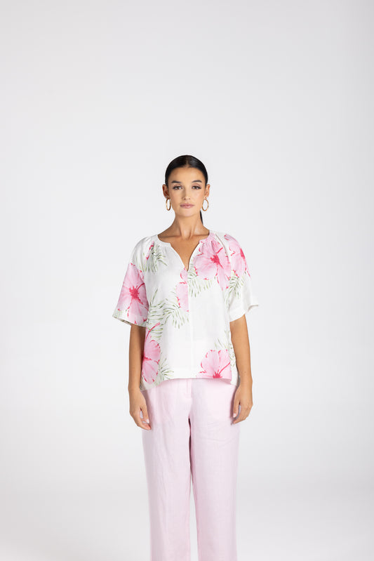3235 - Tropical Print Key-Hole Top