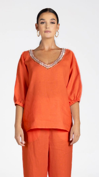 3209 - Linen V-Neck Beaded Top