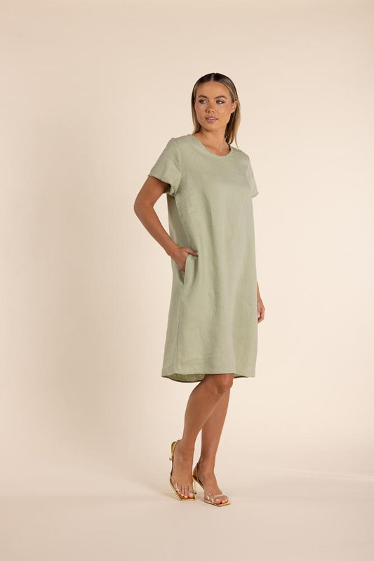 2842 - LINEN DRESS WITH FRINGE TRIM DETAIL