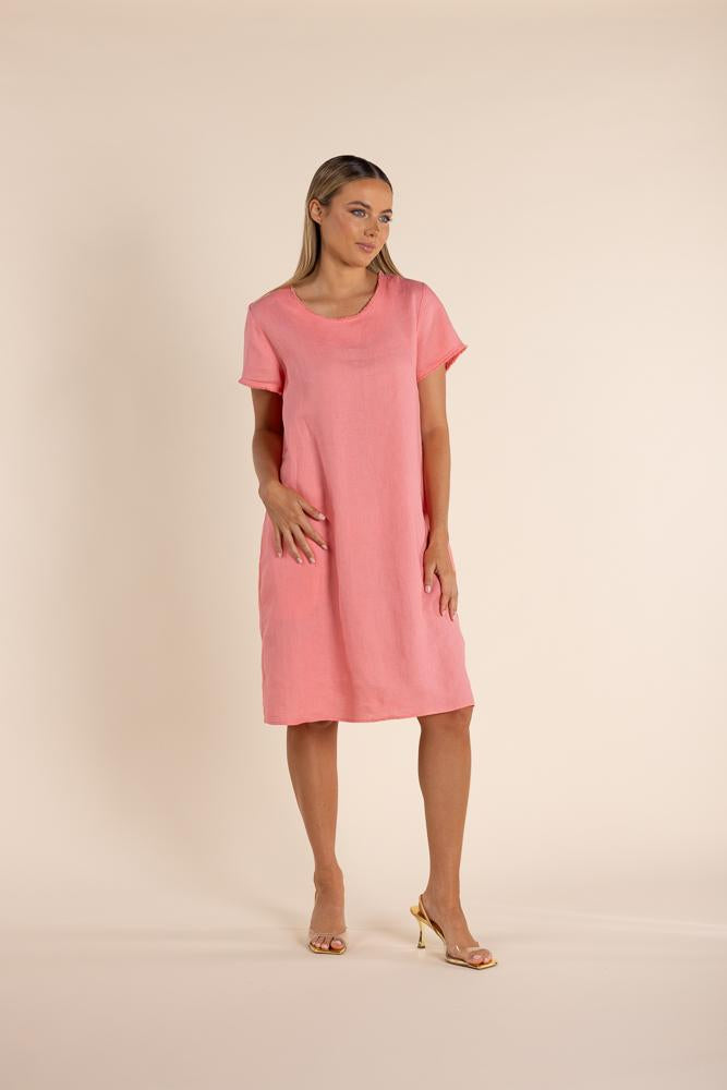 2842 - LINEN DRESS WITH FRINGE TRIM DETAIL
