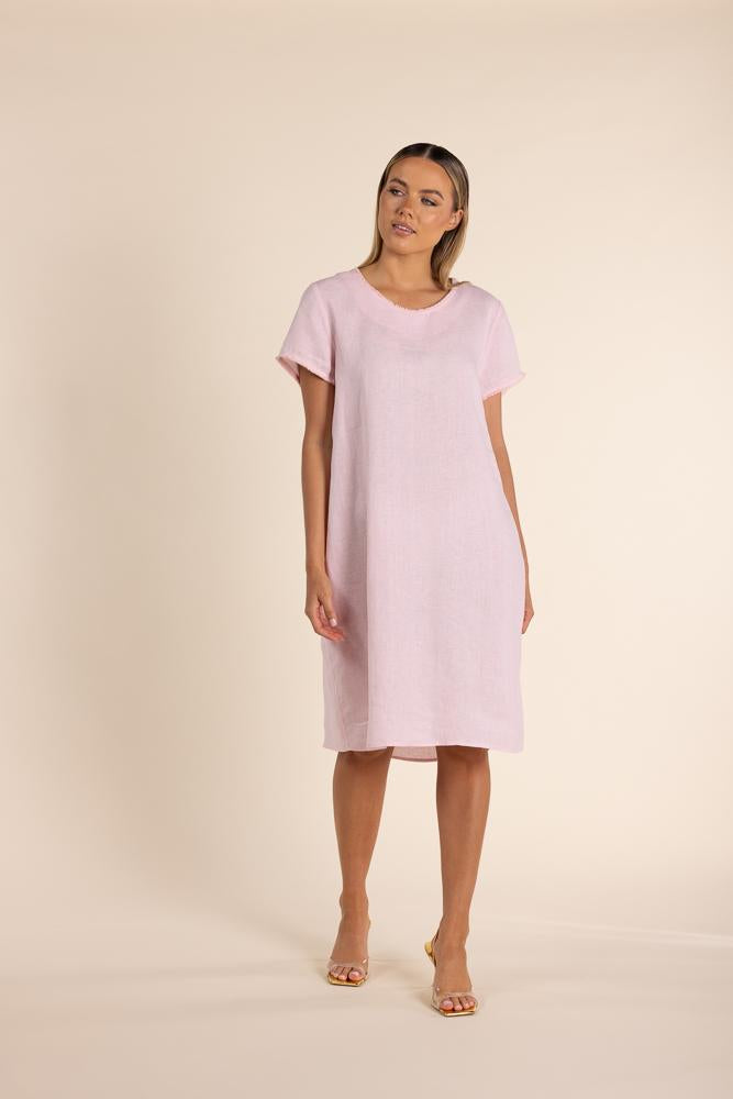 2842 - LINEN DRESS WITH FRINGE TRIM DETAIL