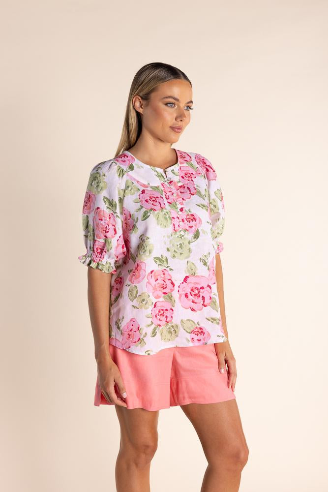 2852 - LINEN ROSE PRINT TOP -SOLD OUT