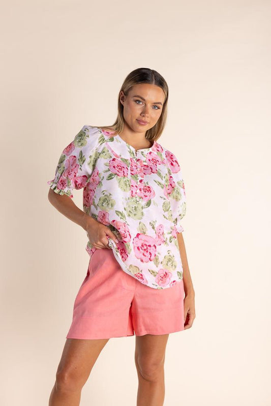 2852 - LINEN ROSE PRINT TOP -SOLD OUT