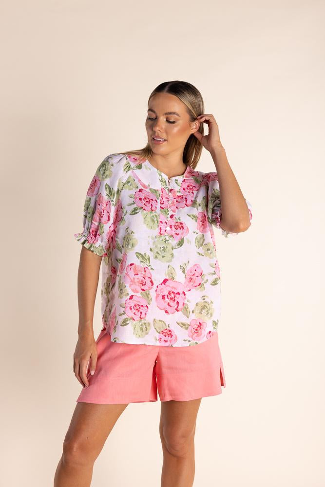 2852 - LINEN ROSE PRINT TOP -SOLD OUT