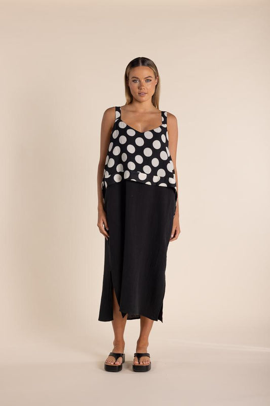 2859 - STRAPPY DRESS SPOT BODICE/SOLID BOTTOM