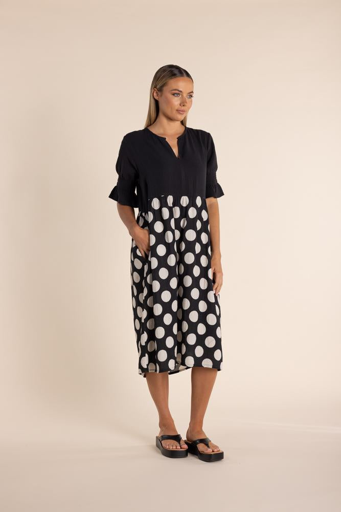2860 - SPOT PRINT DRESS W/CONTRAST BODICE