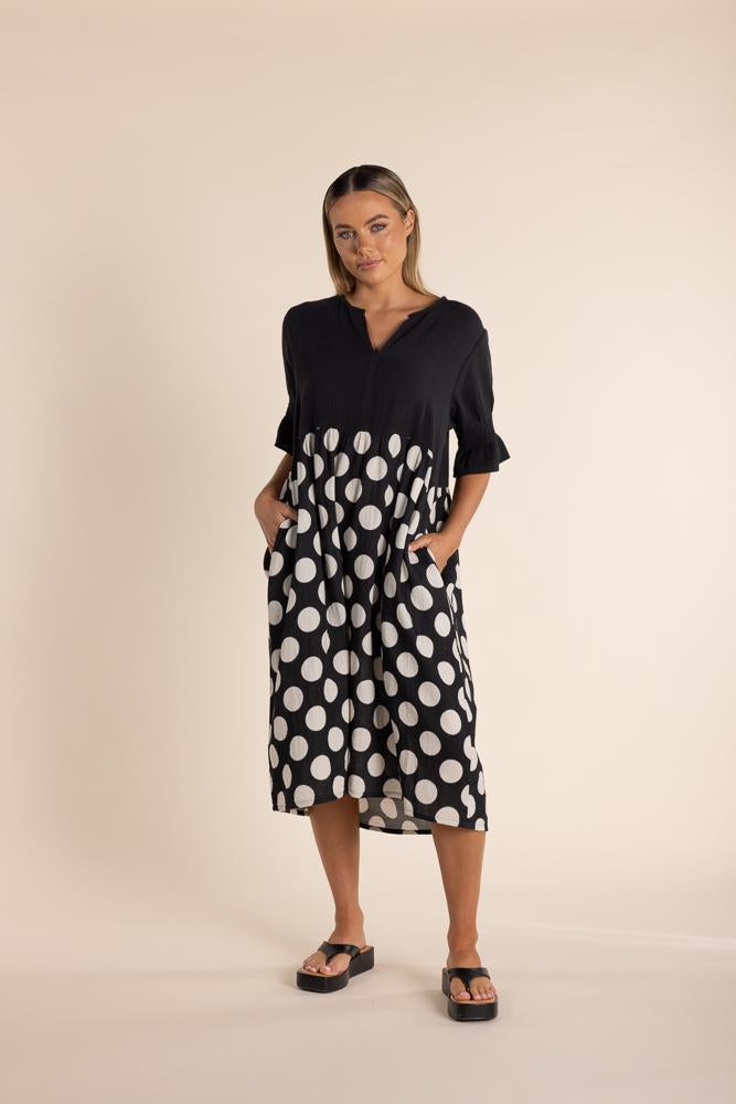 2860 - SPOT PRINT DRESS W/CONTRAST BODICE