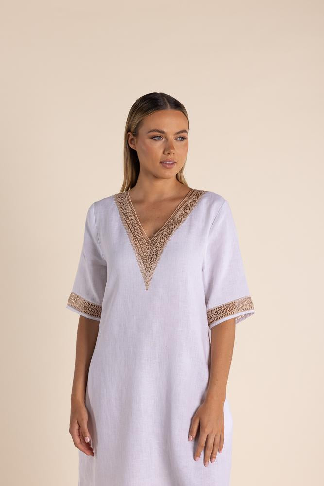 2875 - LINEN V NECK DRESS, LACE TRIM DETAIL