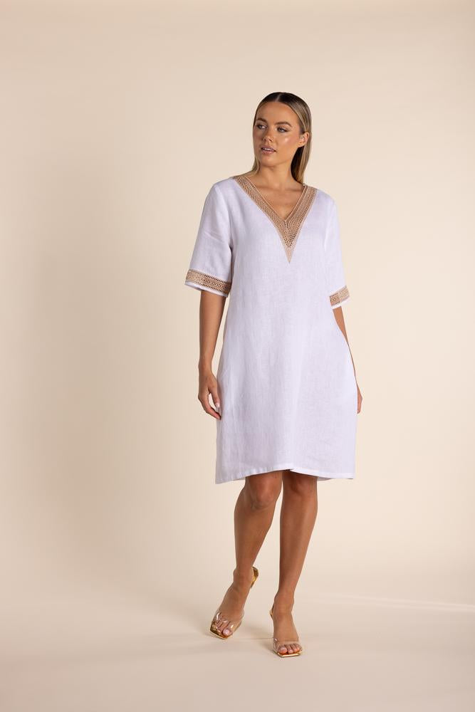 2875 - LINEN V NECK DRESS, LACE TRIM DETAIL