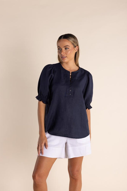 2878 BUTTON LINEN TOP, PUFF SLEEVE