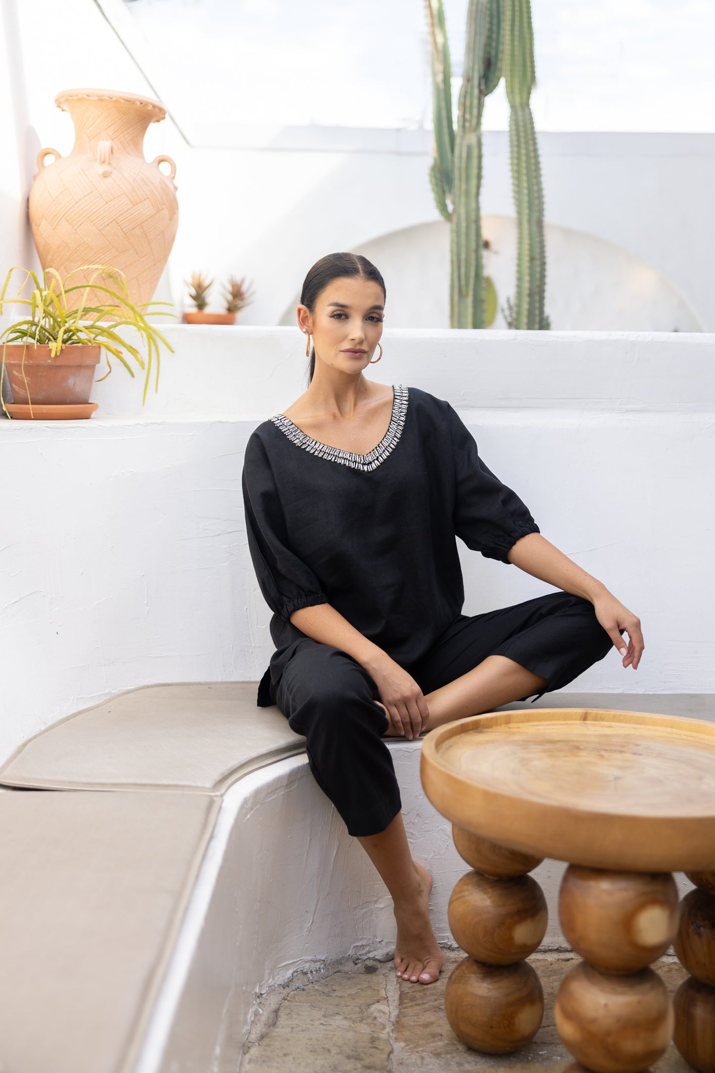 3209 - Linen V-Neck Beaded Top