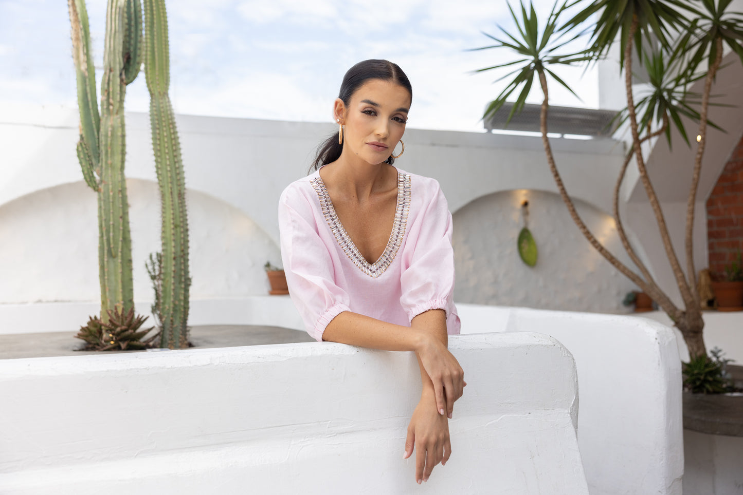 3209 - Linen V-Neck Beaded Top